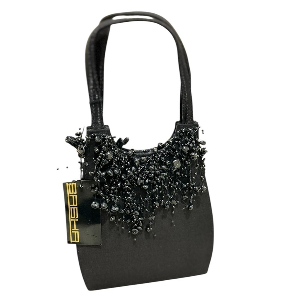 NWT Sasha Black Beaded mini evening  Bag corded shoulder strap